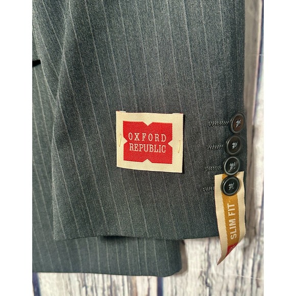 Oxford Republic Mens 46R Blazer Gray Two Button‎ Single Breast Pinstripe Lined - Picture 3 of 7